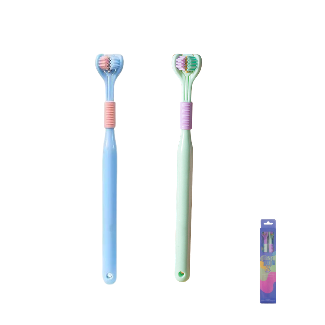 Pair of Teens Toothbrushes by Trio Teeth NZ with blue and white bristles, designed for young users, shown in a 2-pack.