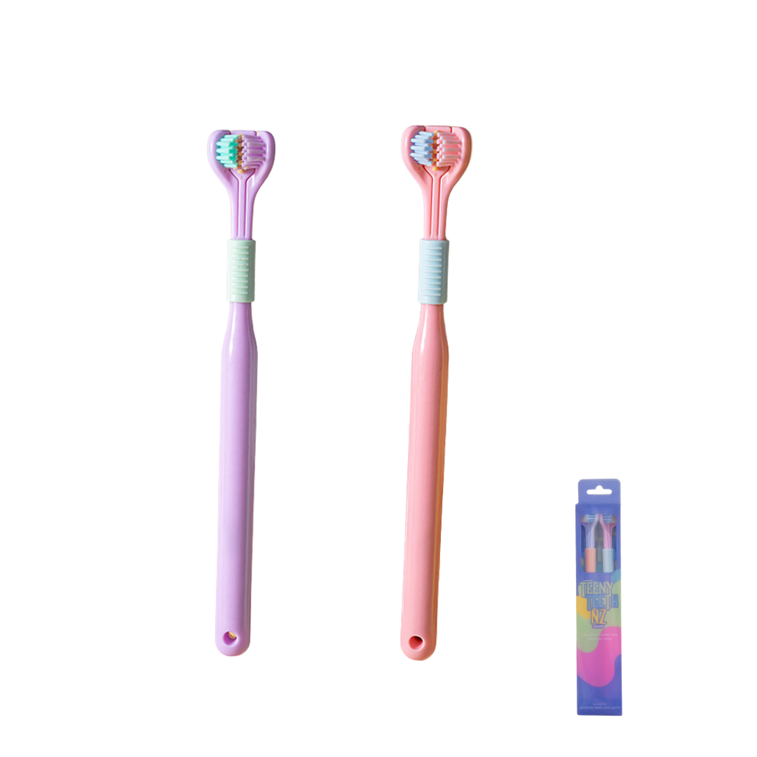 Two Teens Toothbrushes from Trio Teeth NZ with colorful handles, designed for effective oral cleaning.