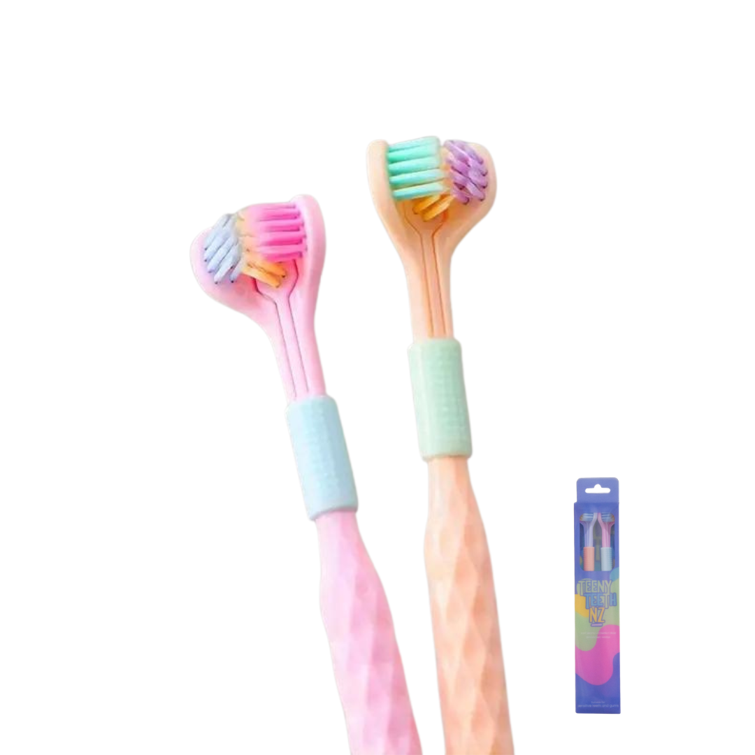 Two adult toothbrushes from Trio Teeth NZ in a 2-pack with blue and white handles, designed for effective oral cleaning.