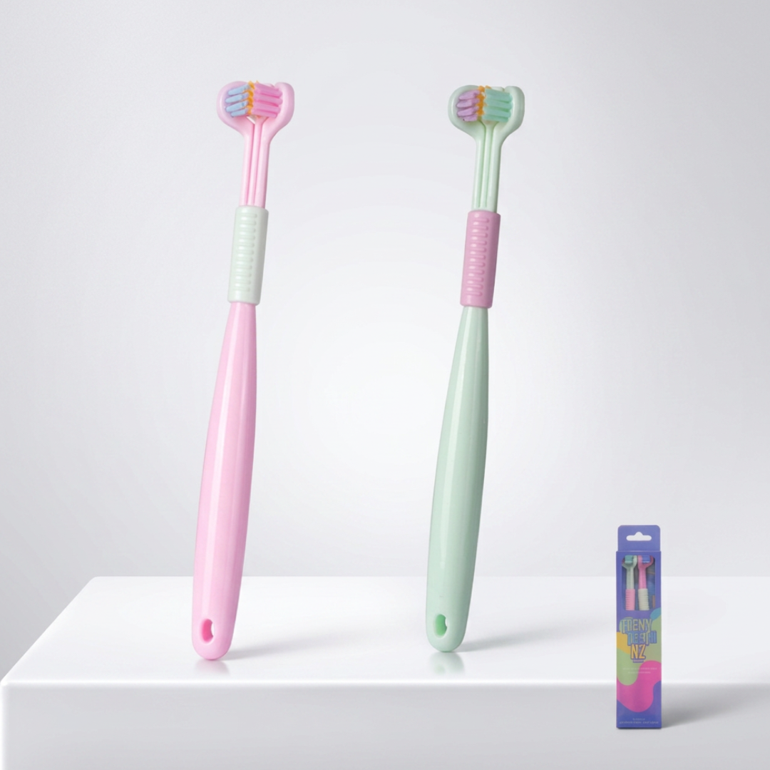 Two kids' toothbrushes from Trio Teeth NZ, featuring colorful handles and soft bristles for young children's oral care.