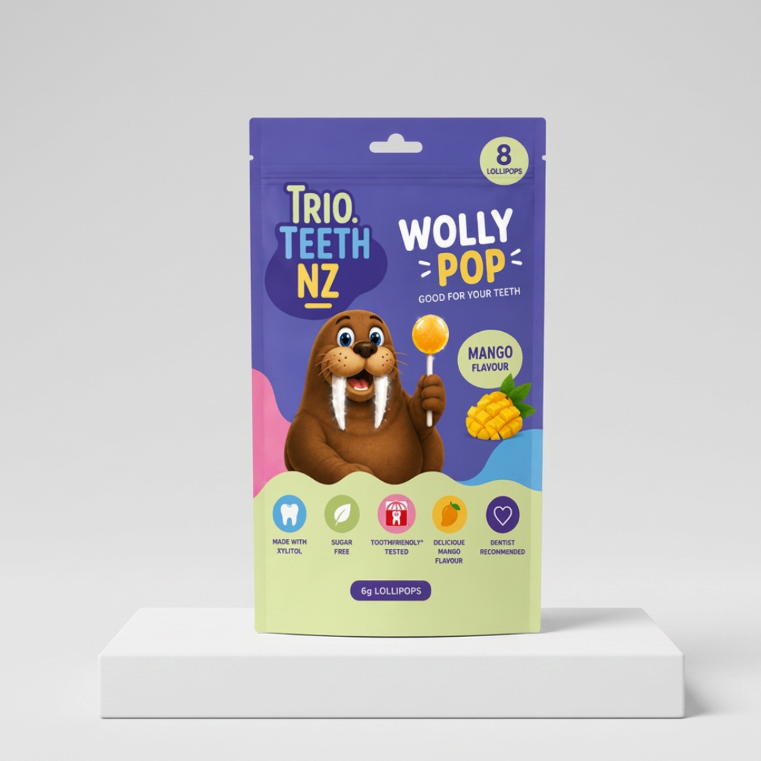 Trio teeth NZ Wolly Pops tooth-friendly xylitol lollipops in colorful packaging, ideal for healthy oral treats.