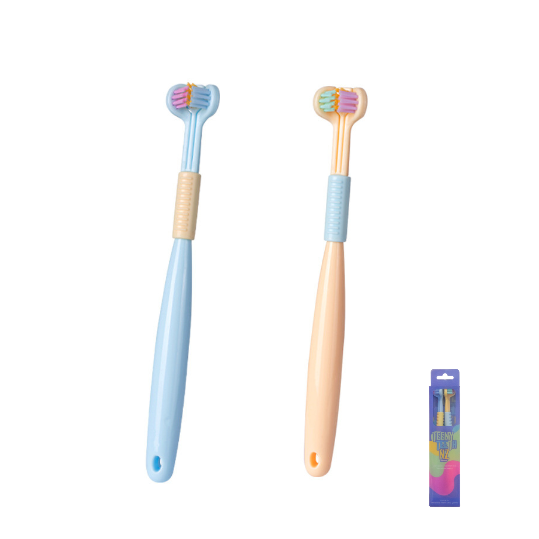 Two kids' toothbrushes from Trio Teeth NZ in a 2-pack, featuring colorful handles and soft bristle heads for children.