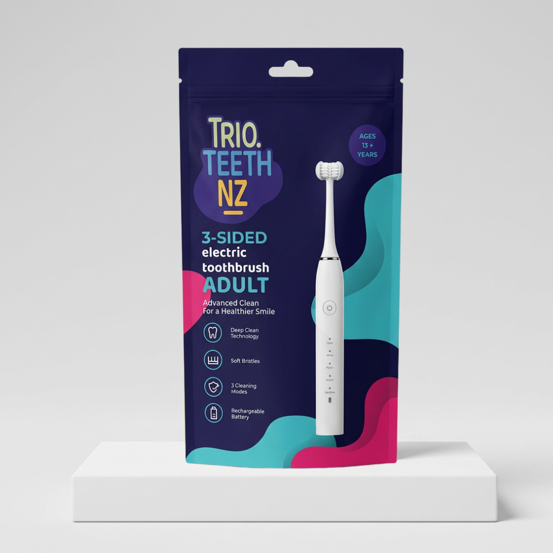 Trio Teeth NZ adult electric toothbrush packaging box beside toothbrush handle