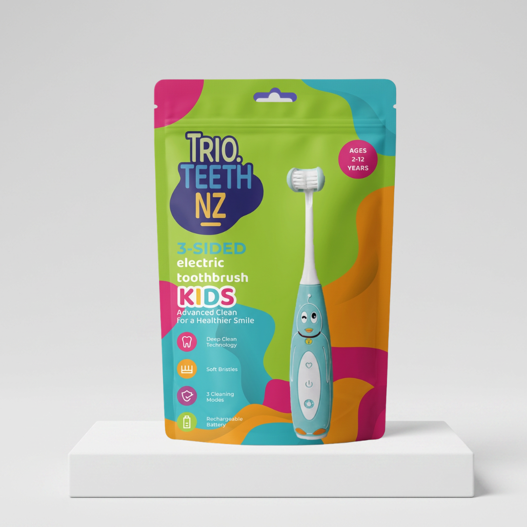 Kids electric toothbrush from Trio Teeth NZ in colorful packaging, designed for gentle cleaning and fun oral care for children.