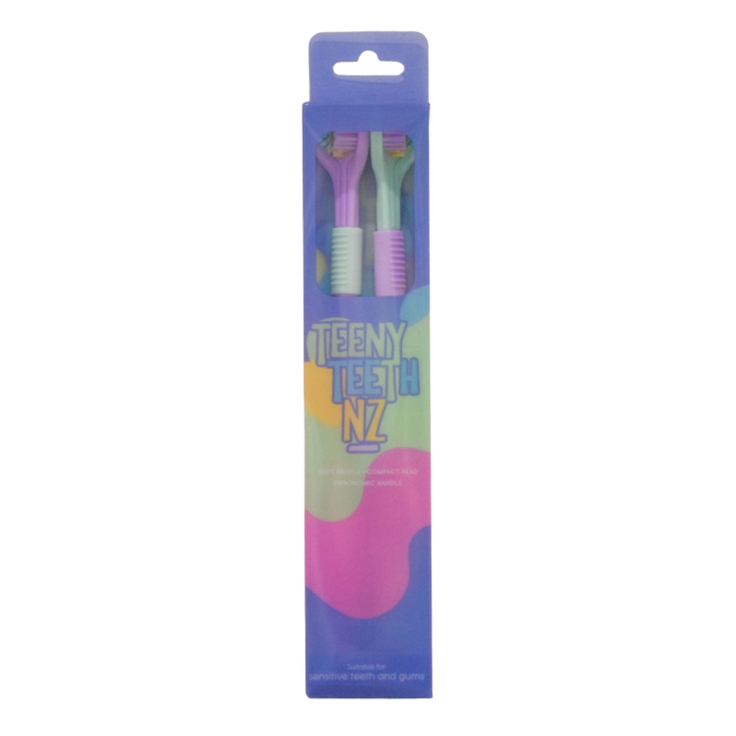 Purple and green Teens Toothbrush by Trio Teeth NZ, showing two colorful toothbrushes designed for teenagers.