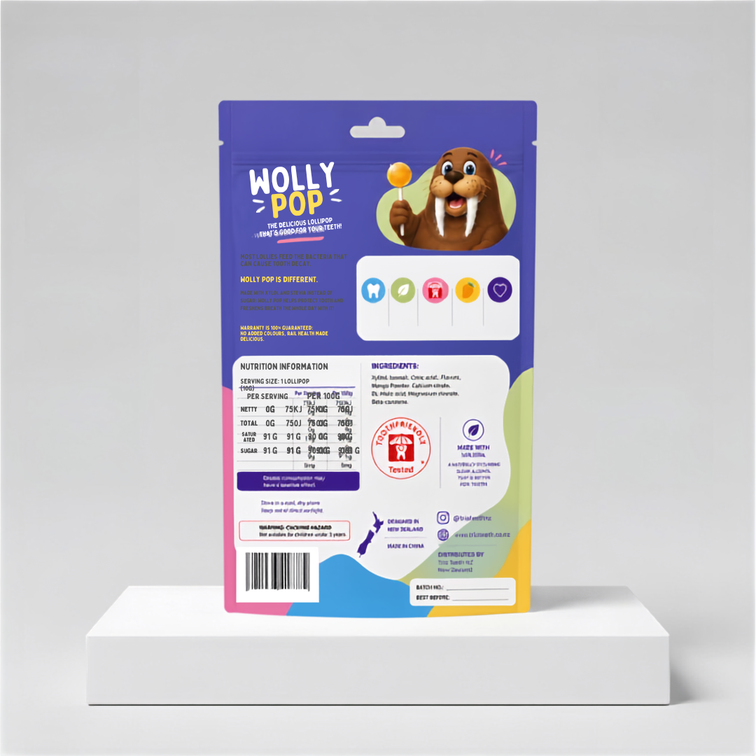 Wolly Pops tooth-friendly xylitol lollipops by Trio Teeth NZ, colorful fruit-flavored lollipops on a stick.
