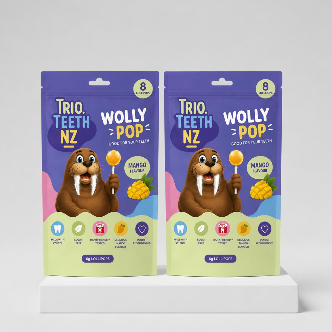 Wolly Pops tooth-friendly xylitol lollipops in colorful packaging by Trio Teeth NZ, designed for oral health.