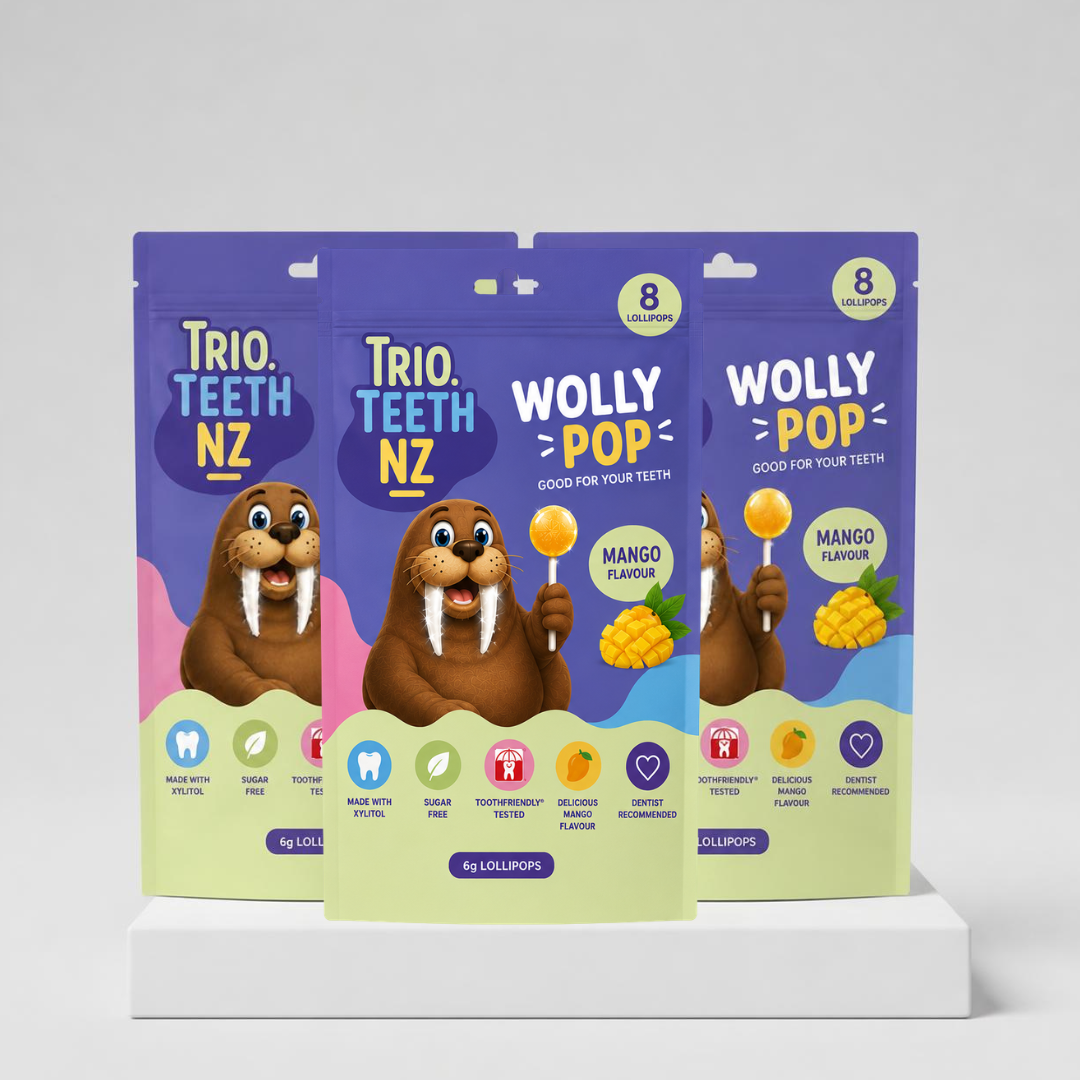 Wolly Pops tooth-friendly xylitol lollipops in colorful packaging, designed by Trio Teeth NZ for healthy oral care.