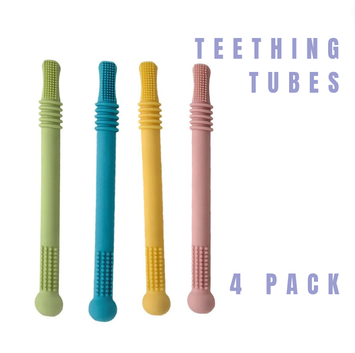 Set of four Teeny Teeth NZ teething tubes designed to soothe teething pain in infants with colorful, textured silicone surfaces.