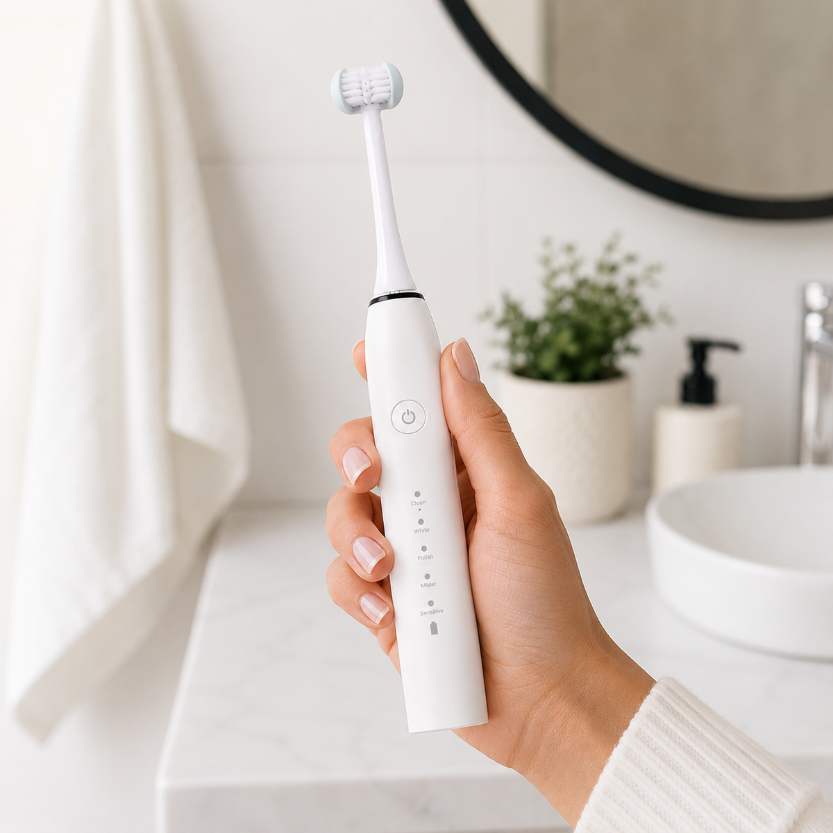 Adult hand holding Trio Teeth NZ electric toothbrush with sleek design, showcasing a modern electric toothbrush for oral care.