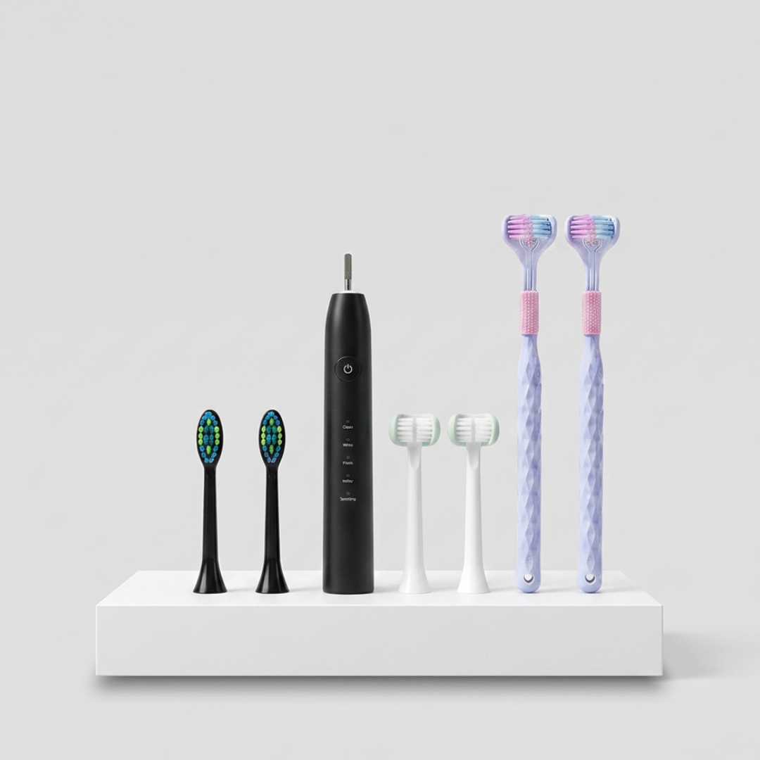 The Ultimate Adult Brushing Bundle from Trio Teeth NZ features a variety of toothbrushes and dental care tools on a white background.