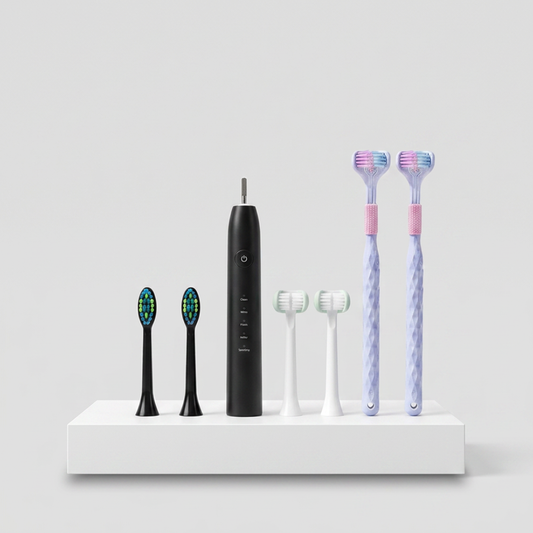 The Ultimate Adult Brushing Bundle from Trio Teeth NZ features a variety of toothbrushes and dental care tools on a white background.