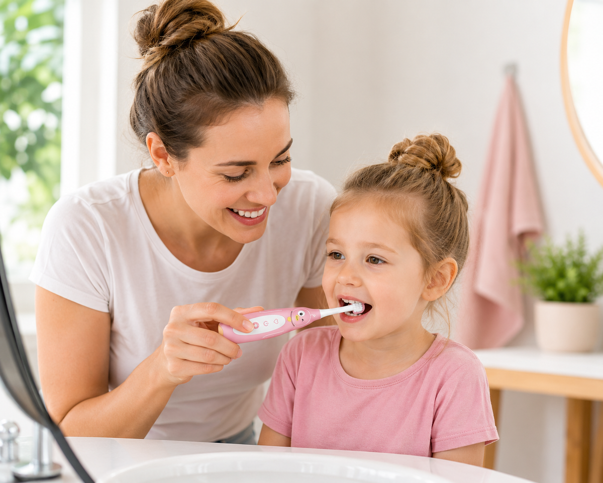 A child using a Trio Teeth NZ kids electric toothbrush with a parent helping to brush teeth.