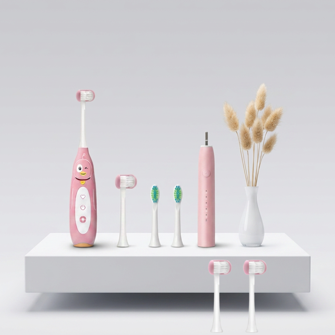 Kids and adult electric toothbrush bundle from Trio Teeth NZ, showing separate toothbrushes for children and adults.