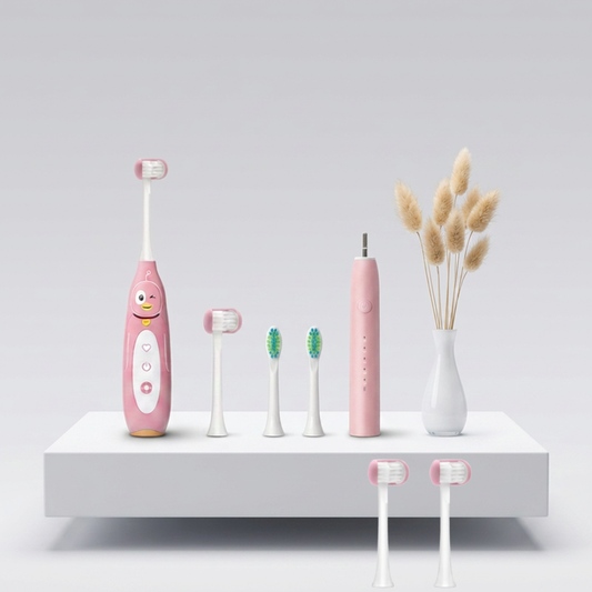 Kids and adult electric toothbrush bundle from Trio Teeth NZ, showing separate toothbrushes for children and adults.