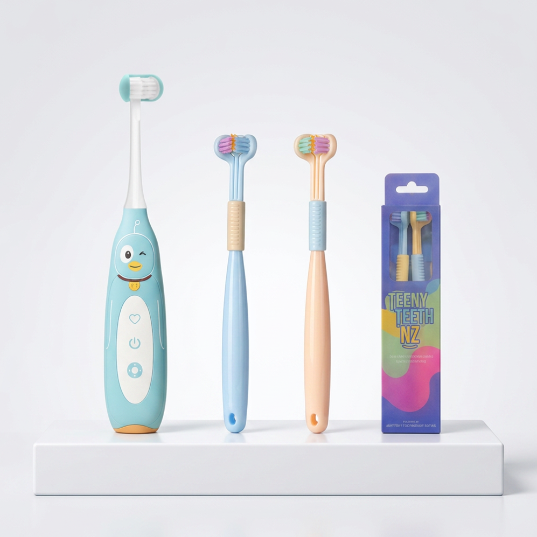 Set of children's toothbrushes from Trio Teeth NZ in vibrant colors, part of The Ultimate Kids Brushing Bundle.