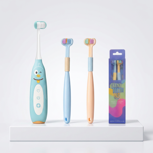 Set of children's toothbrushes from Trio Teeth NZ in vibrant colors, part of The Ultimate Kids Brushing Bundle.