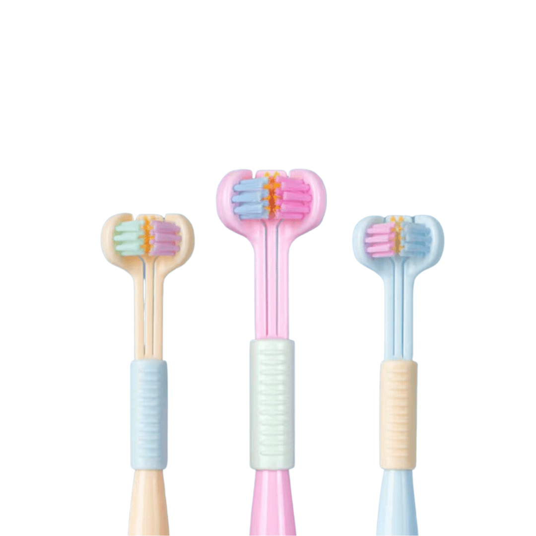 Close-up of two kids' toothbrushes by Trio Teeth NZ, featuring colorful handles and soft bristles for gentle oral care.