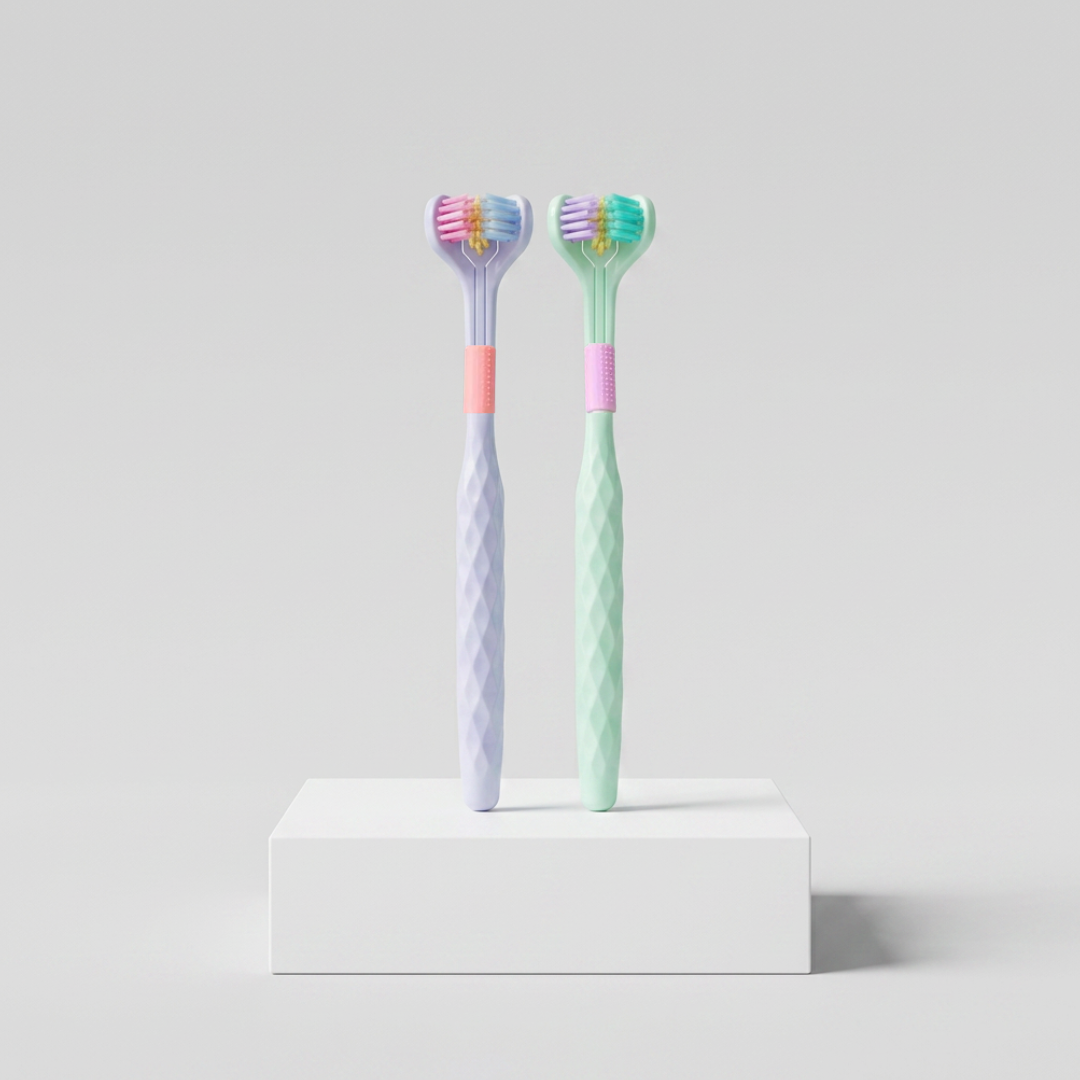 Pair of adult toothbrushes from Trio Teeth NZ featuring ergonomic handles and soft bristles for effective oral cleaning