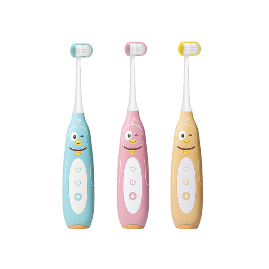 Kids electric toothbrush by Trio Teeth NZ with colorful handle and soft brush heads for gentle dental cleaning.