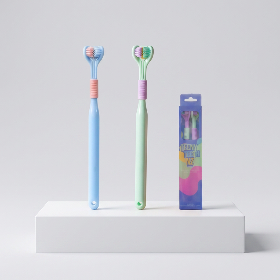 Two Teens Toothbrushes from Trio Teeth NZ with colorful handles, designed for effective oral hygiene for teenagers.