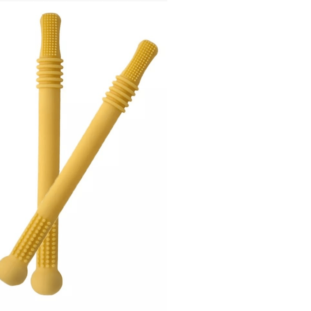Yellow silicone teething tubes by Teeny Teeth NZ, soft and safe teethers designed for soothing babies' gums.